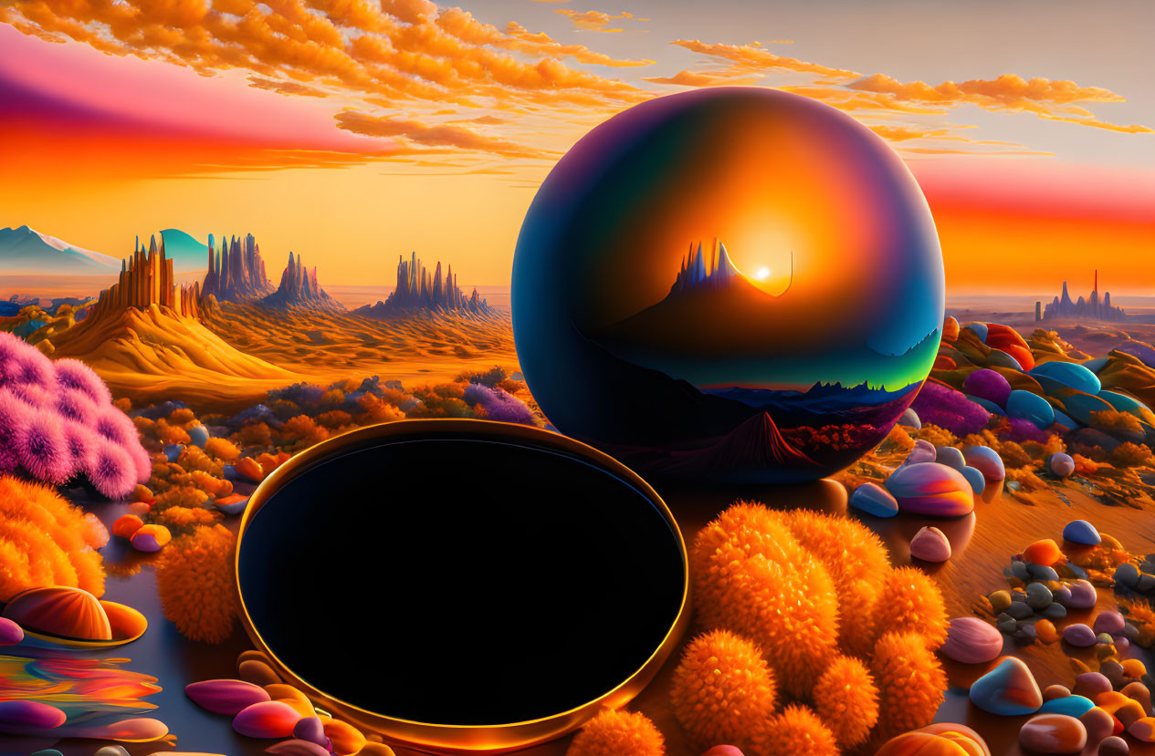 Colorful surreal landscape with reflective spheres, vibrant flora, and desert sunset.