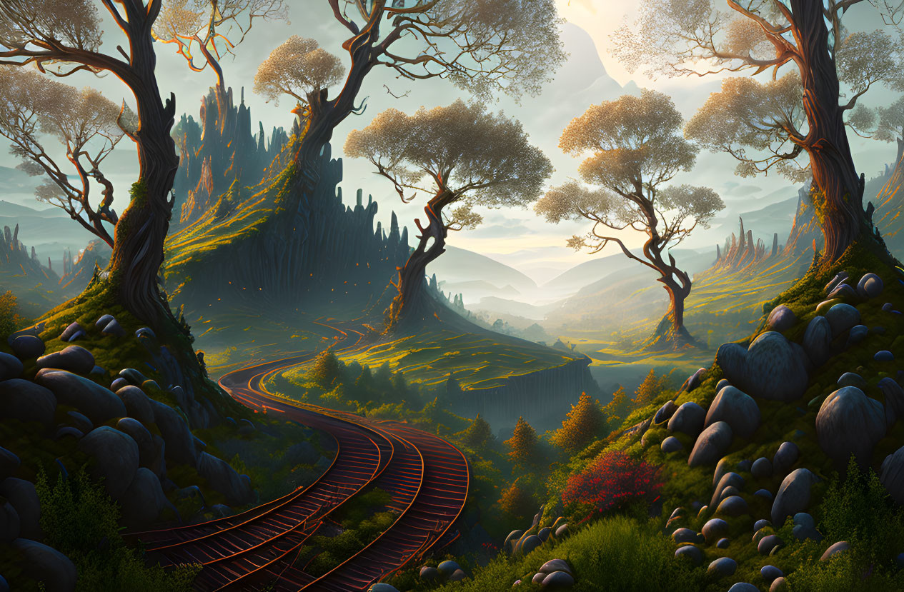 Fantastical landscape with giant trees, railway, and rolling hills