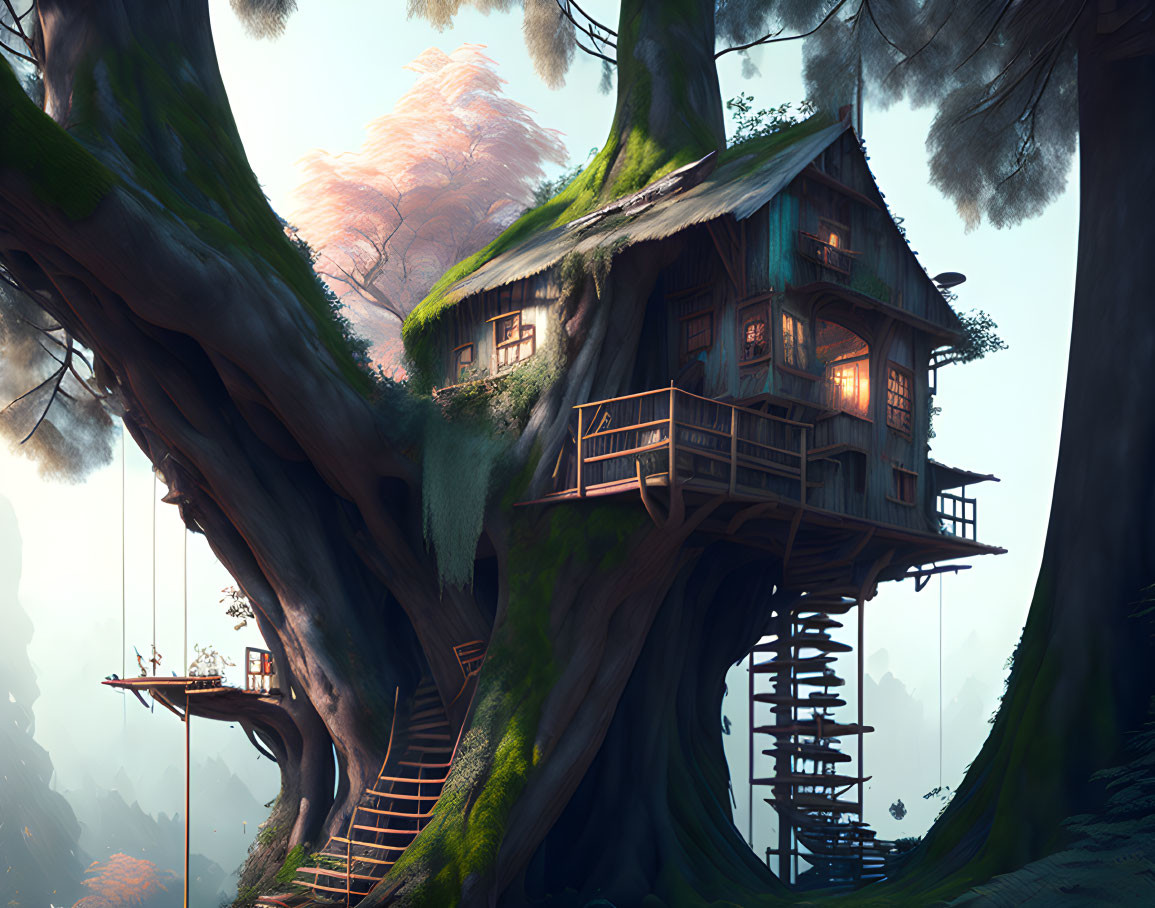 Mystical treehouse in ancient tree with spiral staircase