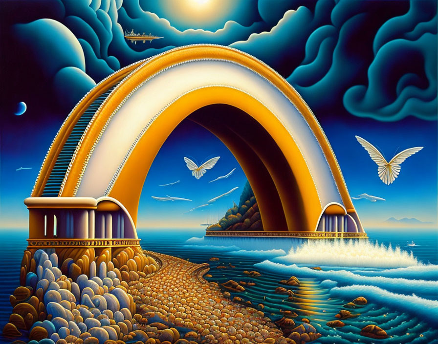 Golden bridge painting with classical columns, butterflies, and surreal clouds