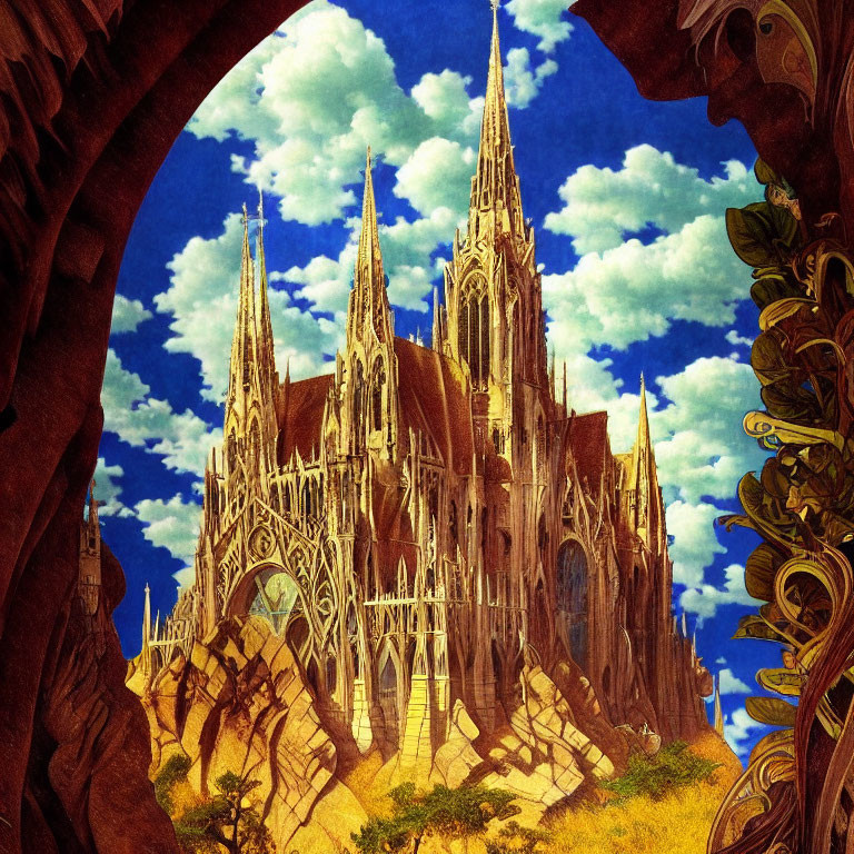 Majestic gothic cathedral illustration with towering spires and lush foliage frame.