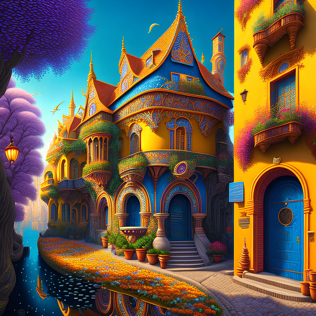 Colorful Illustration of Enchanting Houses in Twilight