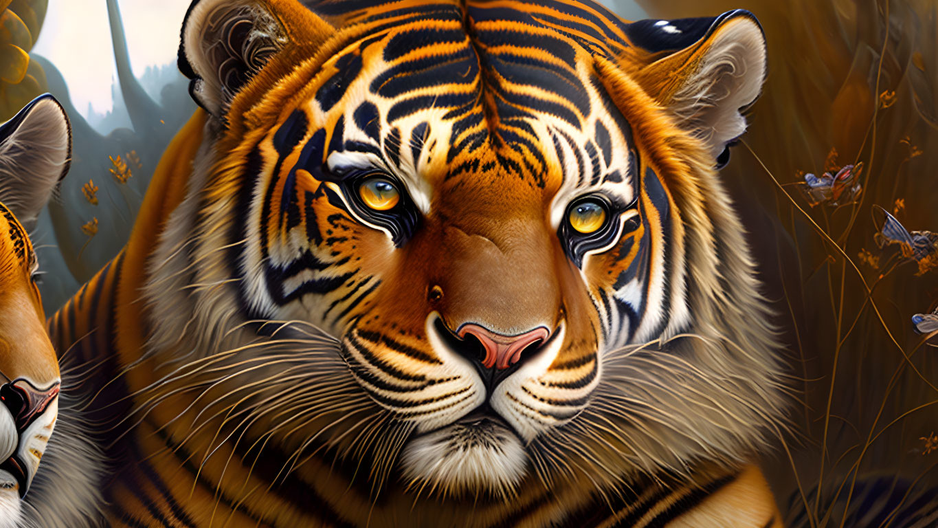 Detailed Tiger Face Digital Art Illustration with Intense Eyes and Fur