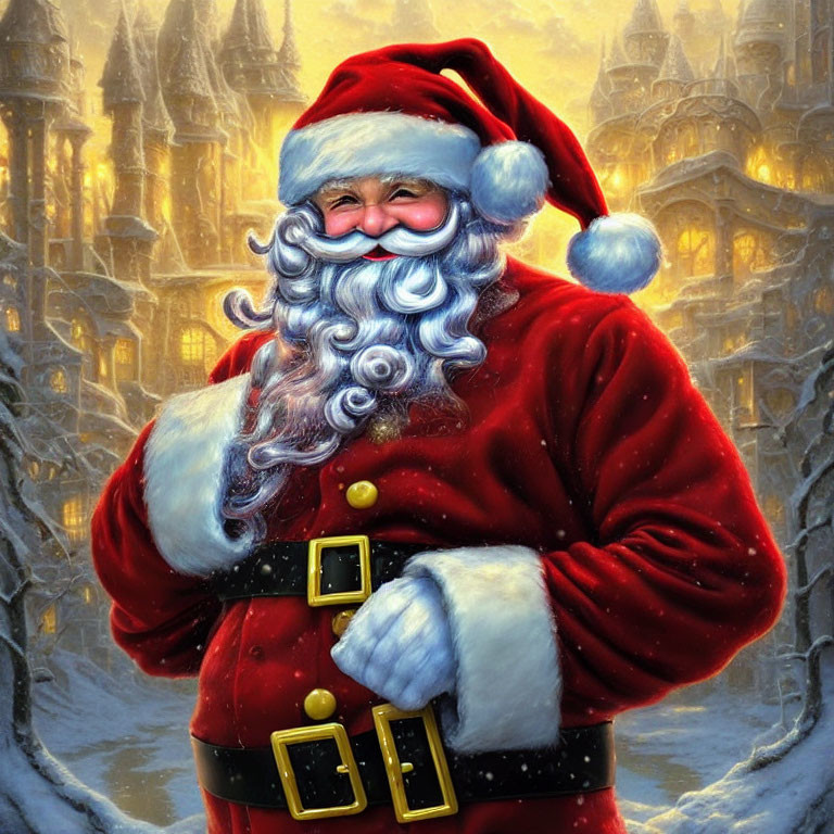 Cheerful Santa Claus in red suit on snowy castle backdrop