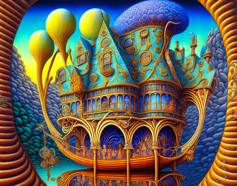 Illustration of whimsical building with mushroom-like structures and golden balconies