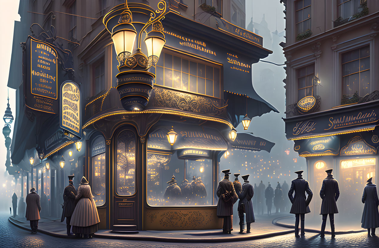 Vintage street corner at dusk with ornate shop and warm lights.