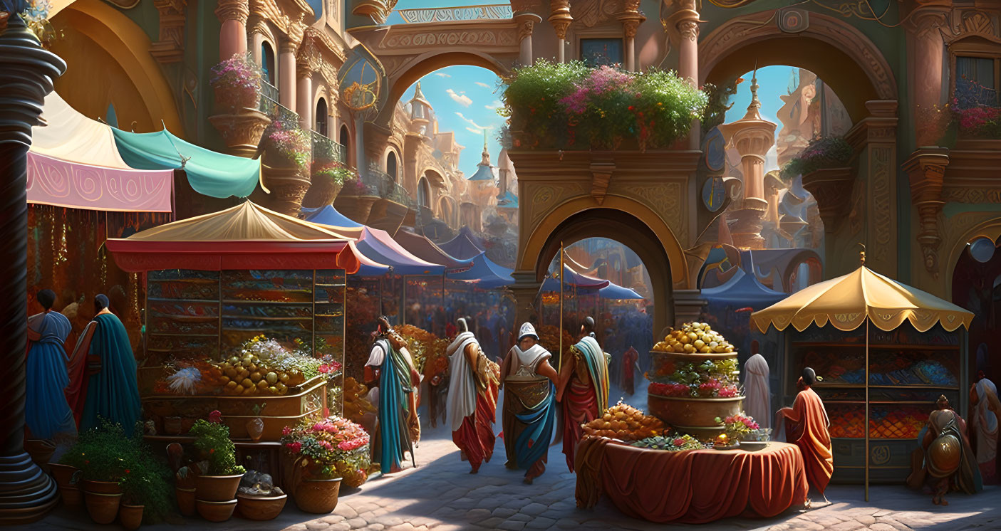 Vibrant marketplace in ancient city with food stalls & crowds