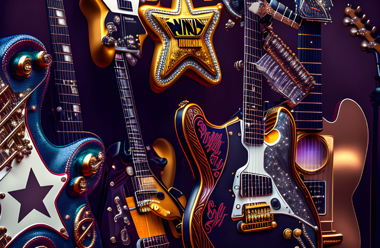 Vibrant electric guitars and star-shaped trophy on dark background