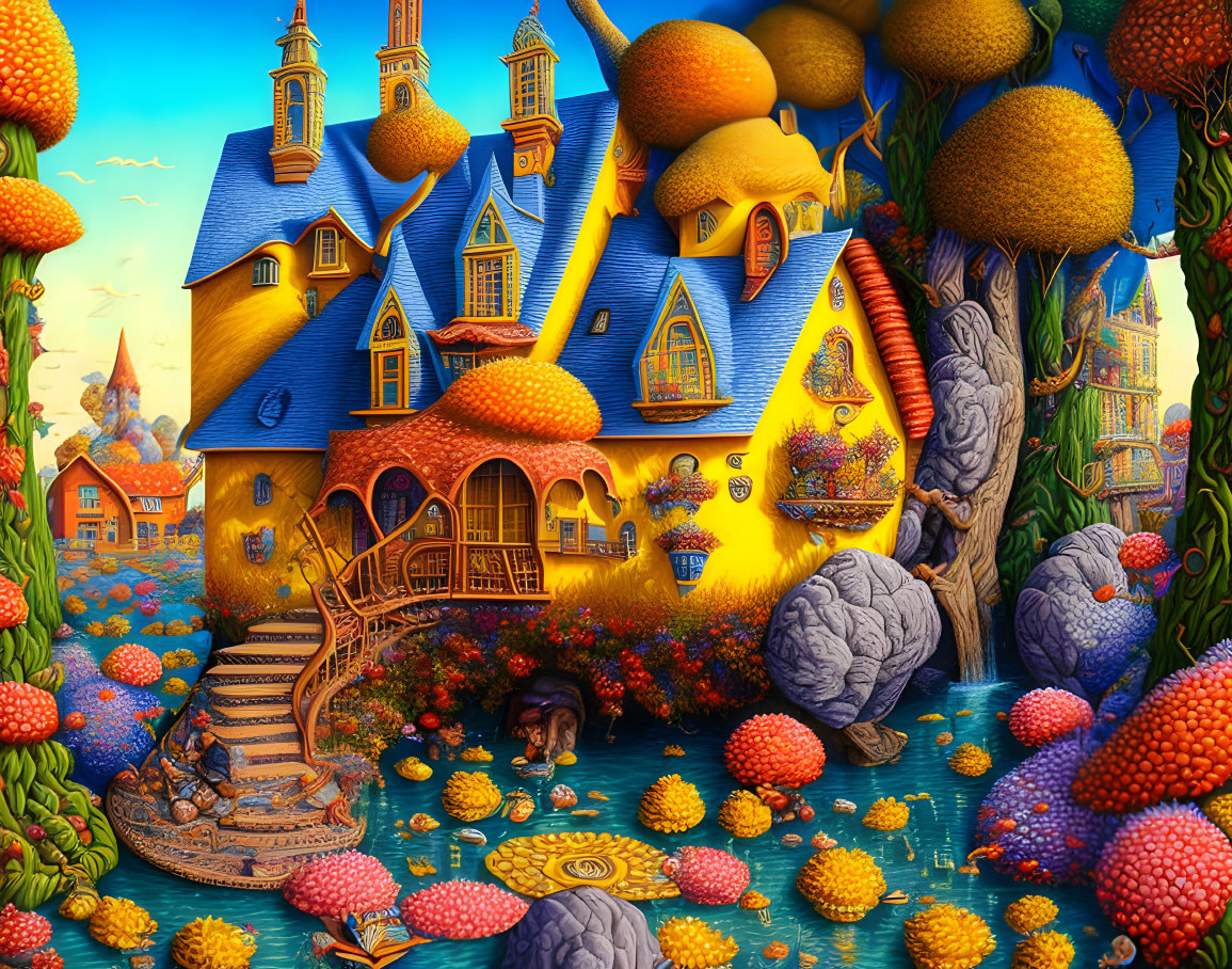 Colorful Cottage with Whimsical Architecture and Oversized Fruits