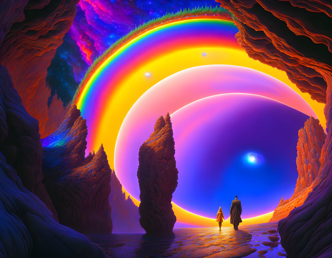 Colorful fantasy landscape with rock formations, sphere, rainbow, and silhouetted figures.