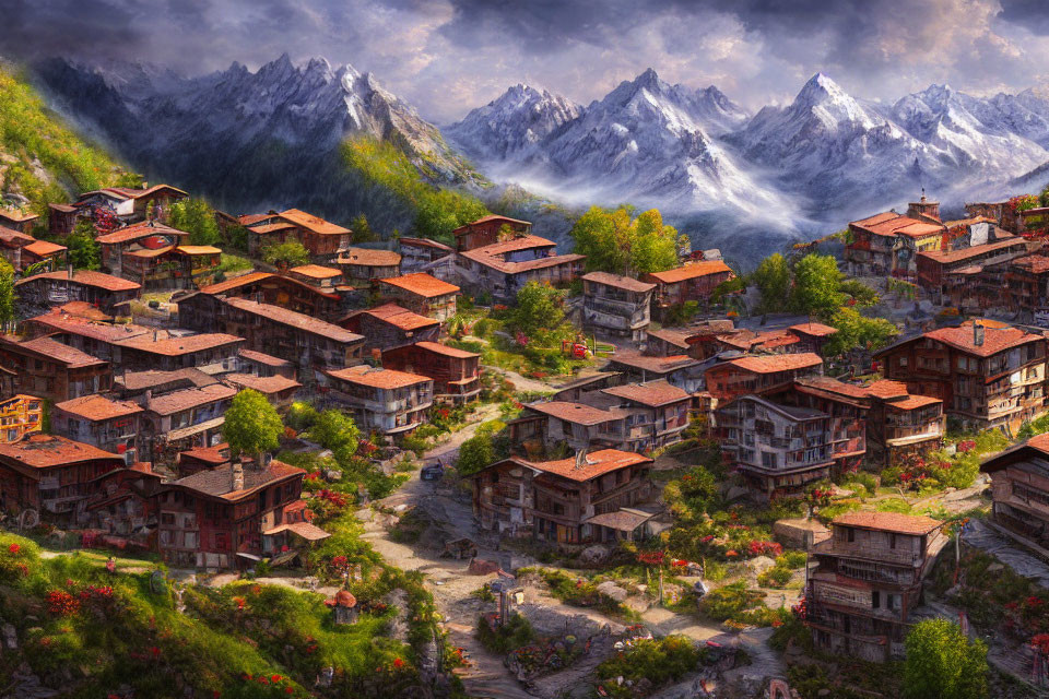 Scenic mountain village with rustic houses and snow-capped peaks