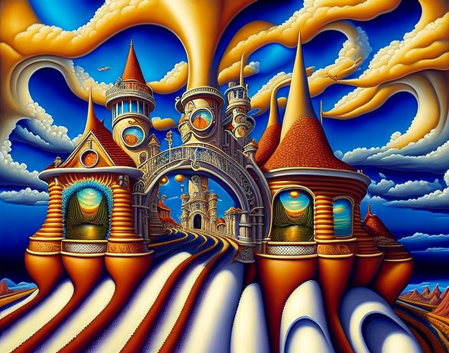 Surreal fantasy castle artwork with swirling clouds and wavy patterns