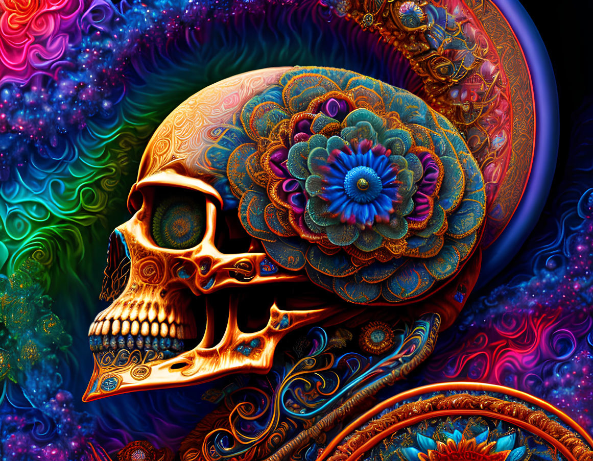 Colorful Psychedelic Skull Illustration with Floral Patterns