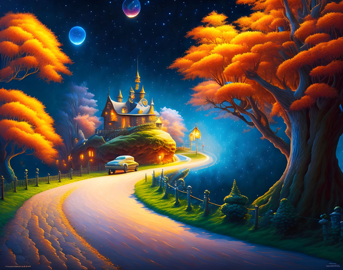 Car driving towards enchanting castle on winding road surrounded by orange trees under starry night sky with colorful