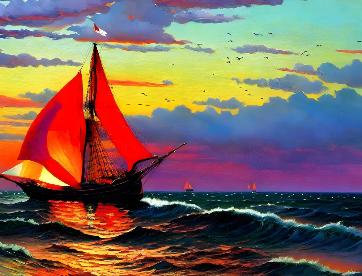 Vibrant painting of sailing ship with red sails on rough sea at sunset