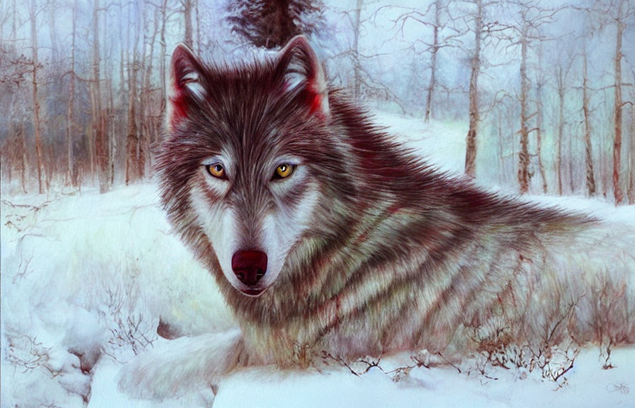 Realistic painting of a wolf in snowy forest with thick fur.