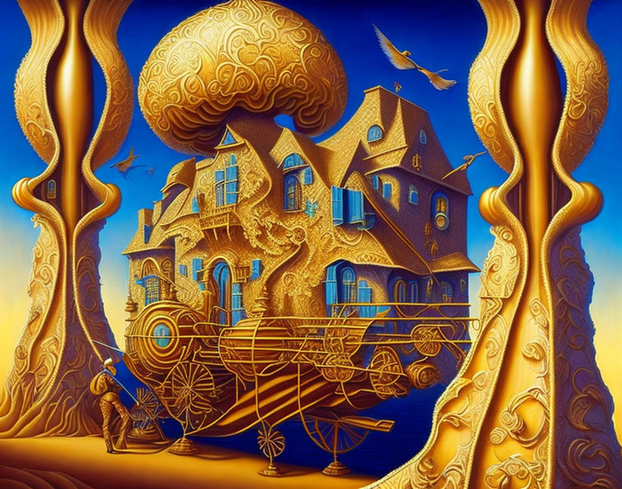 Golden whimsical house with birds, carriage, swirl-patterned moon in surreal artwork