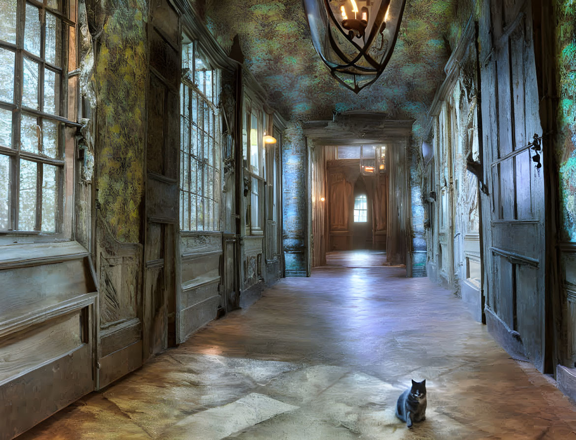 Weathered wooden doors, ornate wallpaper, chandelier, cat in elegant hallway