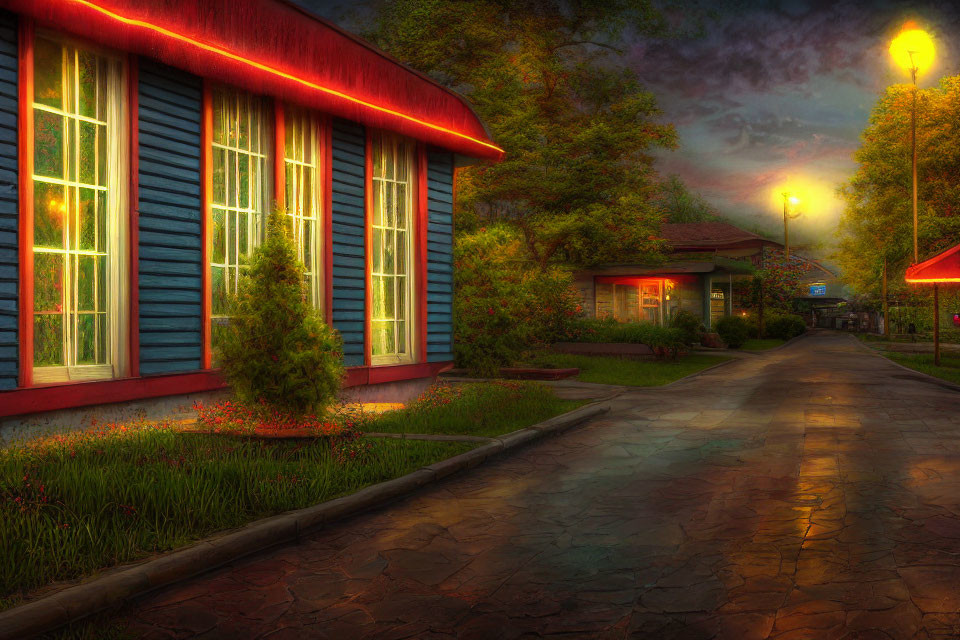 Vibrant blue building and red roof in twilight scene