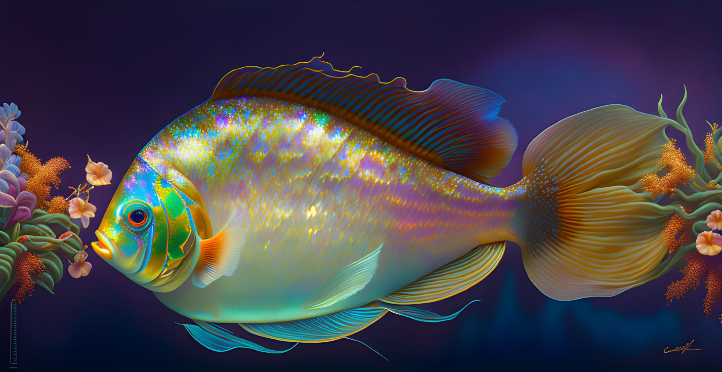 Colorful Fish Illustration with Iridescent Scales and Flowing Fins