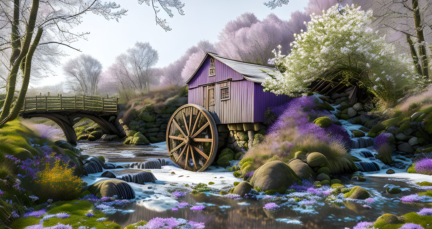 Scenic watermill by stream with flowers and bridge