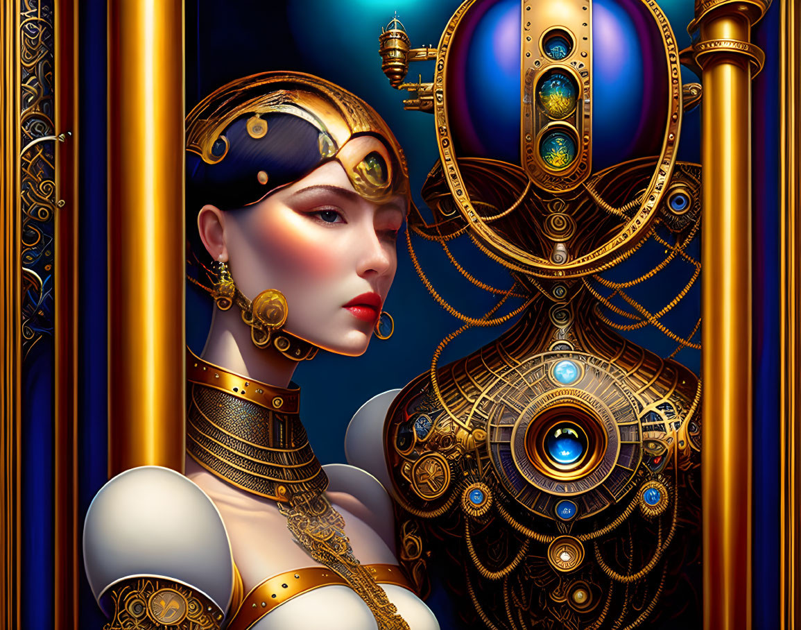 Futuristic regal woman with ornate golden jewelry and headdress