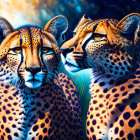 Vivid spotted cheetahs on blue-toned background