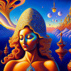 Vibrant digital artwork: Woman with golden skin, elaborate hair, fantastical landscape