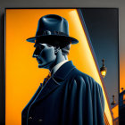 Stylized portrait of a man in suit and fedora hat with noir aesthetic and contrast of shadows