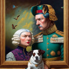 Illustrated portrait of two stern characters in historical attire with a dog, framed in ornate golden frame