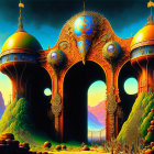 Fantastical Ornate Structure with Domes and Arches in Vibrant Landscape