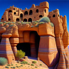 Digitally-rendered image of fantastical desert structure with pueblo-like architecture against clear blue sky