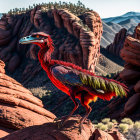 Colorful red-feathered dinosaur in desert landscape