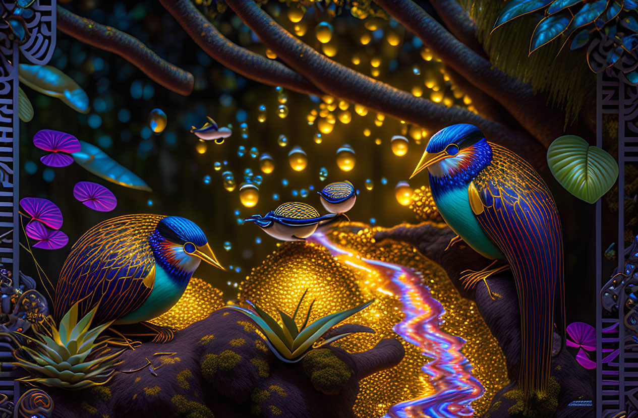 Colorful digital art of large blue birds, glowing orbs, and fantastical plants in an enchanted forest