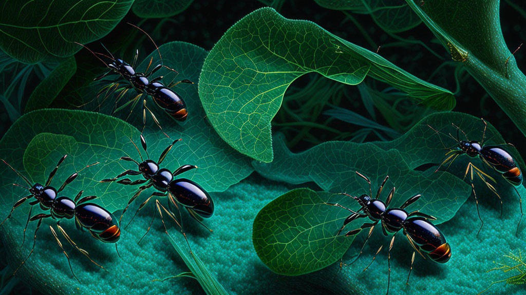 Five orange and black ants on green leaves at night