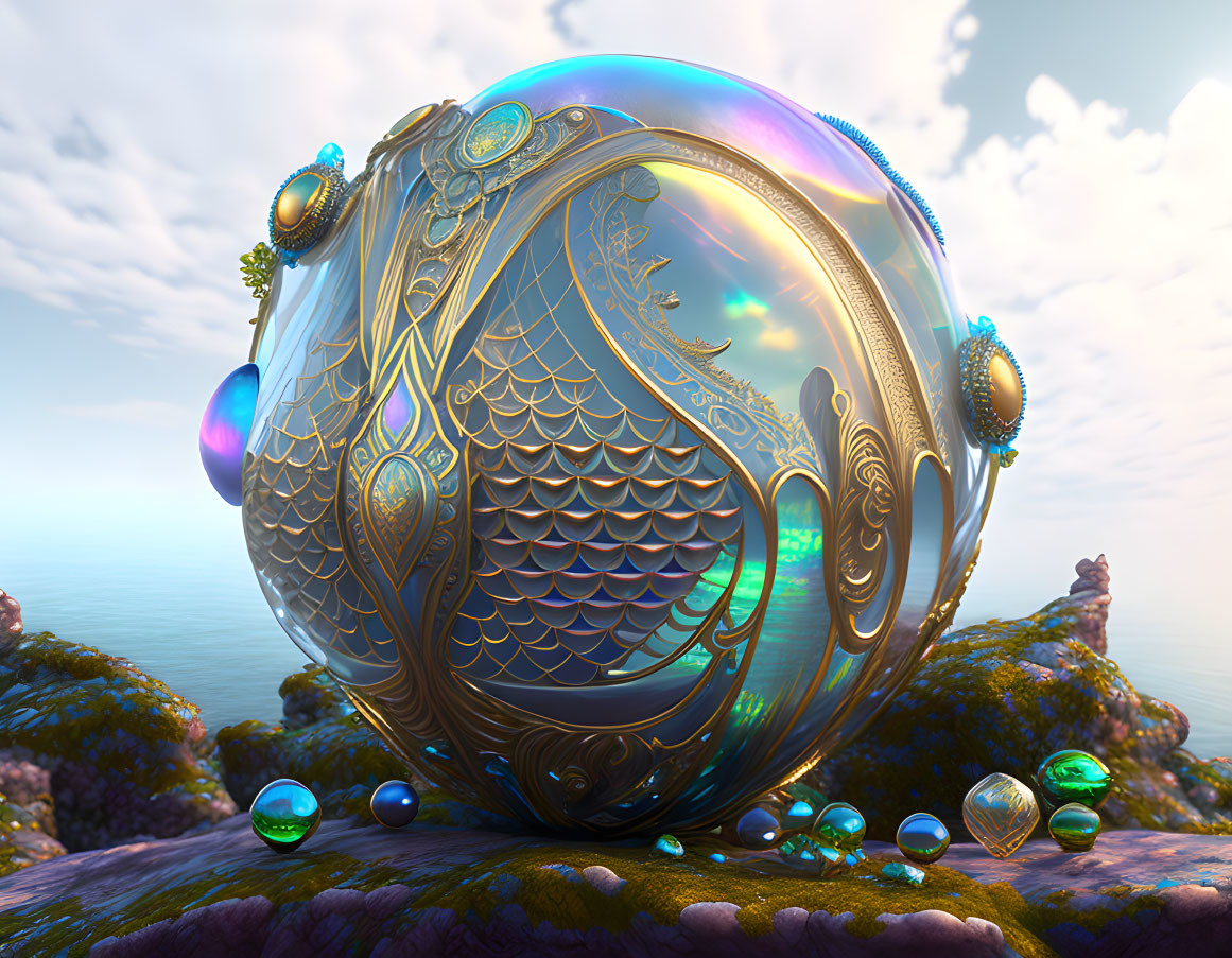 Intricate ornate sphere on mossy rock under vivid sky