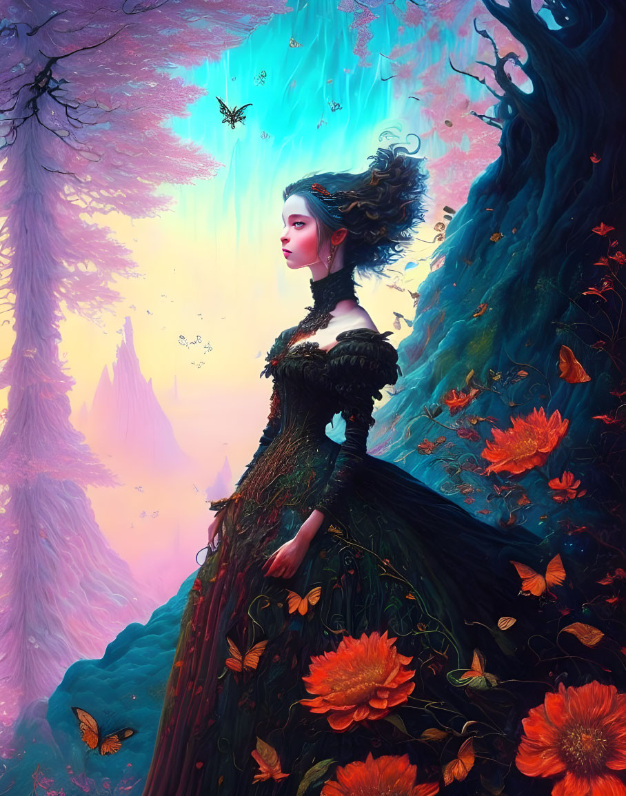 Woman in elaborate dark dress in mystical forest with vibrant trees and floating leaves