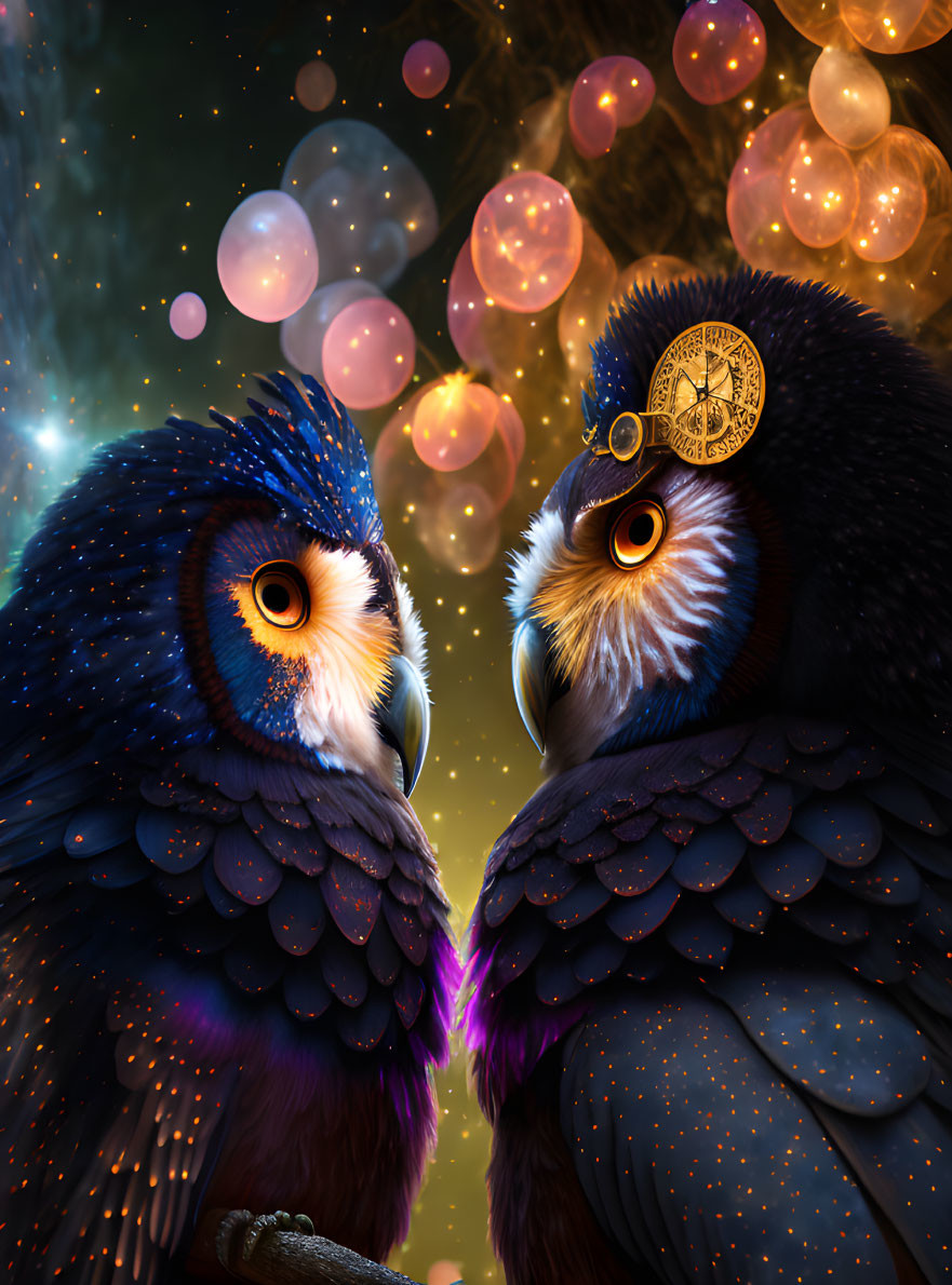 Fantastical blue owls with glowing specs and monocle perched together in a digital artwork.