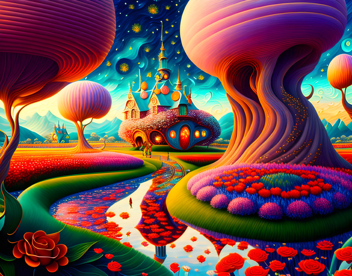 Colorful psychedelic landscape with mushroom-like trees and floating castle