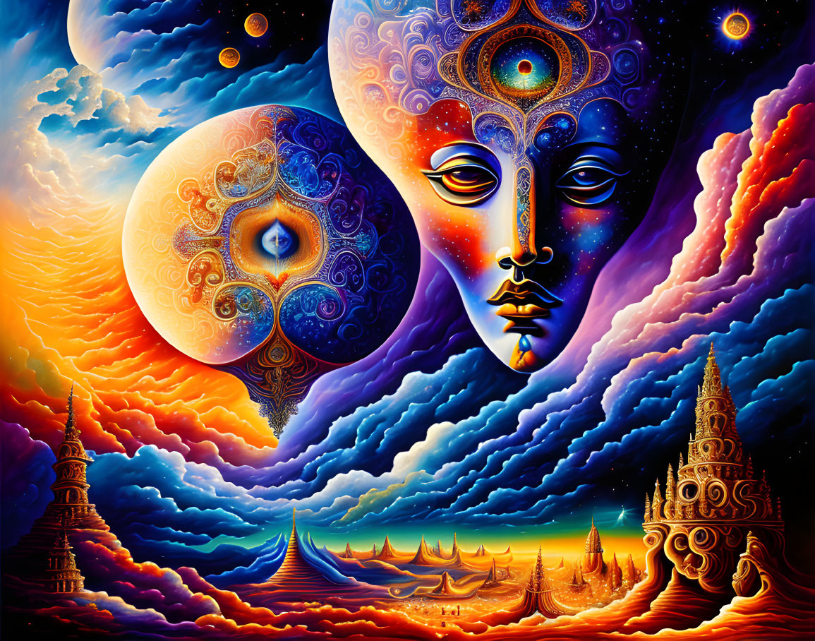 Psychedelic artwork: Celestial faces, sunset sky, pagodas, sailboats