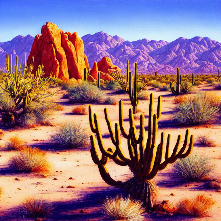 Colorful Desert Landscape with Cacti, Red Rocks, and Blue Mountains