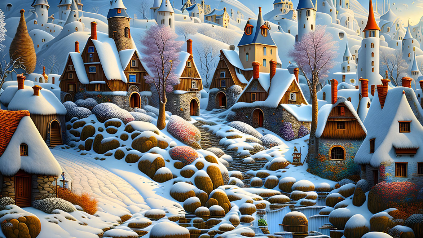 Snow-covered winter village with thatched cottages, barren trees, and castles.