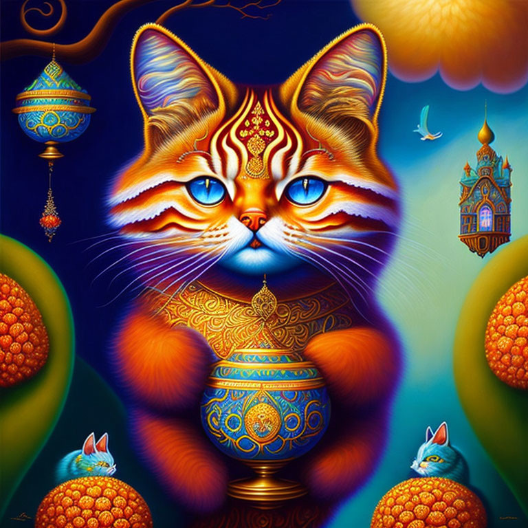 Colorful painting of ornate cat with egg in Russian setting