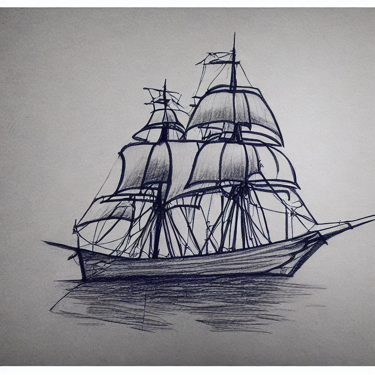 Detailed pencil sketch of a traditional sailing ship with billowing sails and intricate rigging on textured paper.