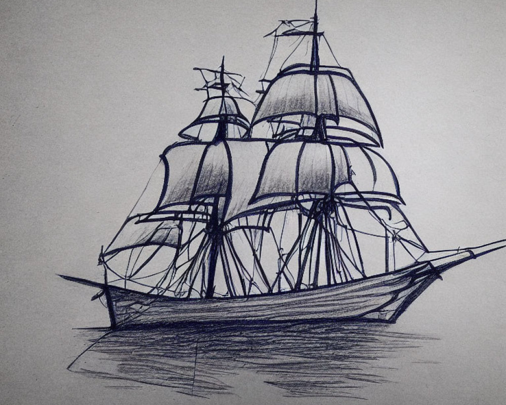 Detailed pencil sketch of a traditional sailing ship with billowing sails and intricate rigging on textured paper.