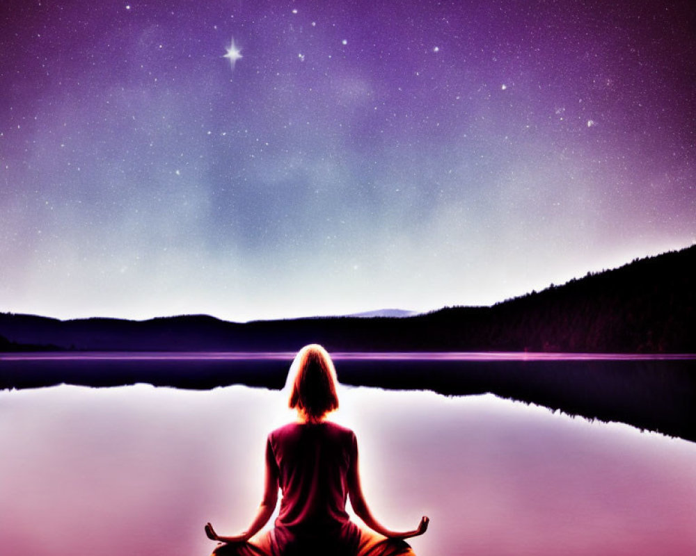 Tranquil lakeshore meditation under starry night sky