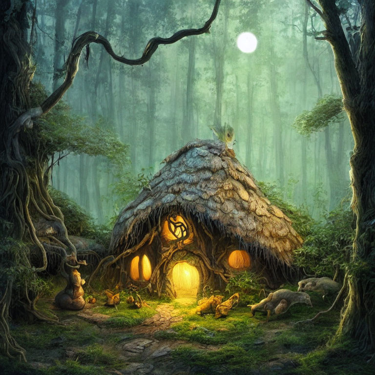 Twilight forest scene with cozy hut, rabbit, and moonlit trees