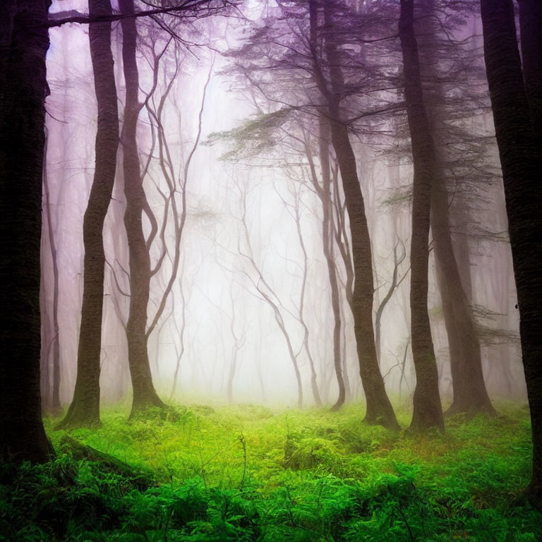 Ethereal fog envelops misty forest with vibrant green undergrowth