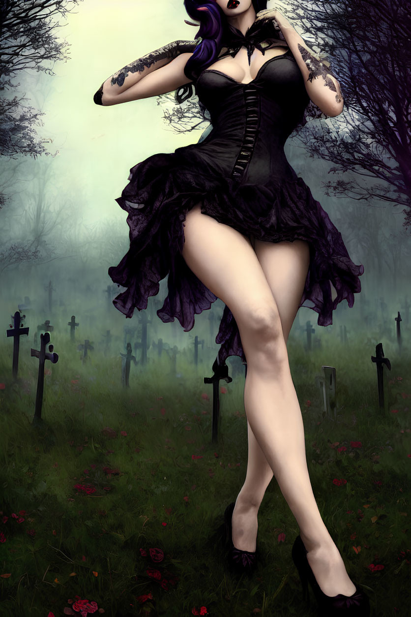 Stylized image: Woman with purple hair, tattoos, black dress in misty graveyard