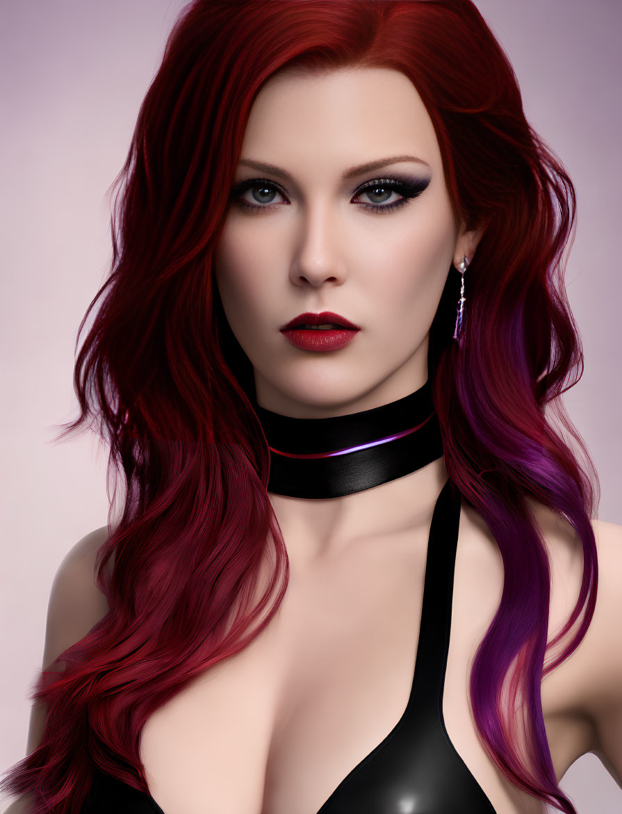 Portrait of woman with red to purple ombre hair, red lips, and black choker on